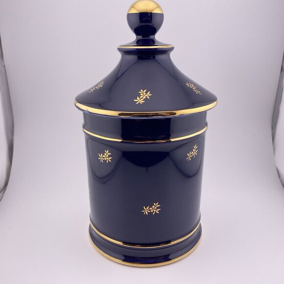 Vintage Limoges Cobalt Blue Gold Trim 9” Lidded Jar Courting Couple France - Picture 4 of 9